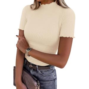 image:imagePRETTYGARDEN Short Sleeve T Shirts for Women Summer Clothes 2026 Casual Spring Tops Ruffle Mock Neck Ribbed Fitted Basic TeesBeige