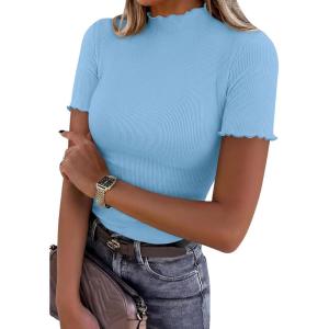 image:imagePRETTYGARDEN Short Sleeve T Shirts for Women Summer Clothes 2026 Casual Spring Tops Ruffle Mock Neck Ribbed Fitted Basic TeesLight Blue