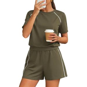 image:imagePRETTYGARDEN Shorts Sets Women 2 Piece Outfits Summer 2026 Matching Workout Athletic Clothing Casual Spring Travel LoungewearArmy Green