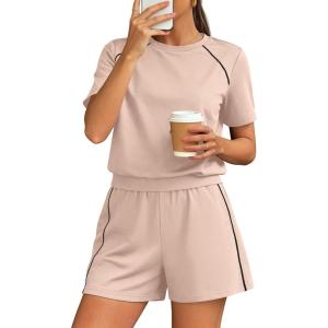 image:imagePRETTYGARDEN Shorts Sets Women 2 Piece Outfits Summer 2026 Matching Workout Athletic Clothing Casual Spring Travel LoungewearBeige