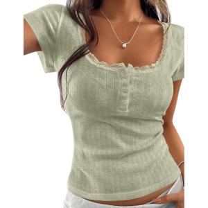 image:imagePRETTYGARDEN Summer Tops for Women 2026 Short Sleeve Lace Trim Slim Fitted Henley Tee Shirts Y2K Fashion ClothingSage Green