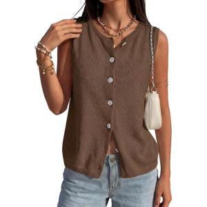 image:imagePRETTYGARDEN Sweater Vest Women 2026 Summer Sleeveless Cardigans Trendy Knit Vest Top Button Down Spring Sweater TopsBrown