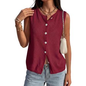 image:imagePRETTYGARDEN Sweater Vest Women 2026 Summer Sleeveless Cardigans Trendy Knit Vest Top Button Down Spring Sweater TopsBurgundy