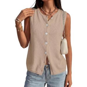 image:imagePRETTYGARDEN Sweater Vest Women 2026 Summer Sleeveless Cardigans Trendy Knit Vest Top Button Down Spring Sweater TopsKhaki