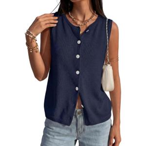 image:imagePRETTYGARDEN Sweater Vest Women 2026 Summer Sleeveless Cardigans Trendy Knit Vest Top Button Down Spring Sweater TopsNavy Blue