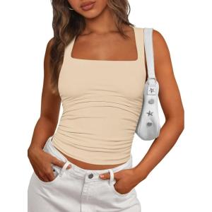 image:imagePRETTYGARDEN Tank Tops for Women 2026 Summer Sleeveless Square Neck Double Lined Tops Spring Ruched Going Out Y2K ClothesApricot