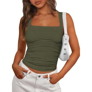 image:imagePRETTYGARDEN Tank Tops for Women 2026 Summer Sleeveless Square Neck Double Lined Tops Spring Ruched Going Out Y2K ClothesArmy Green
