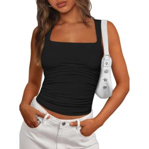 image:imagePRETTYGARDEN Tank Tops for Women 2026 Summer Sleeveless Square Neck Double Lined Tops Spring Ruched Going Out Y2K ClothesBlack