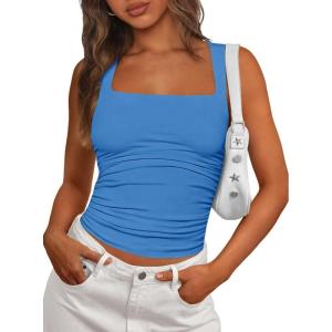 image:imagePRETTYGARDEN Tank Tops for Women 2026 Summer Sleeveless Square Neck Double Lined Tops Spring Ruched Going Out Y2K ClothesBlue