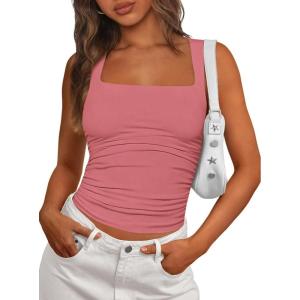 image:imagePRETTYGARDEN Tank Tops for Women 2026 Summer Sleeveless Square Neck Double Lined Tops Spring Ruched Going Out Y2K ClothesDusty Pink