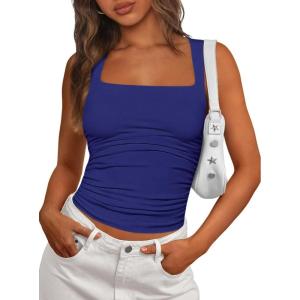 image:imagePRETTYGARDEN Tank Tops for Women 2026 Summer Sleeveless Square Neck Double Lined Tops Spring Ruched Going Out Y2K ClothesNavy Blue