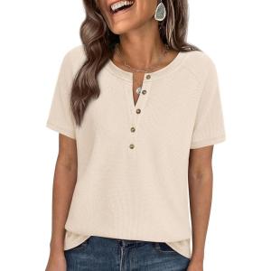 image:imagePRETTYGARDEN Waffle Knit Tops for Women Short Sleeve Henley Shirts 2026 Summer Blouses Dressy Casual Spring Fashion ClothesBeige