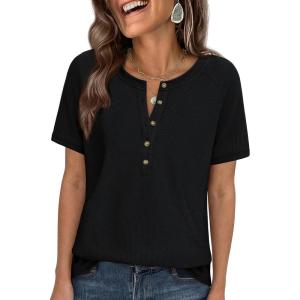 image:imagePRETTYGARDEN Waffle Knit Tops for Women Short Sleeve Henley Shirts 2026 Summer Blouses Dressy Casual Spring Fashion ClothesBlack