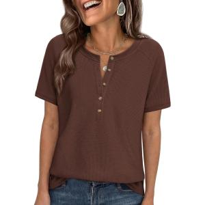 image:imagePRETTYGARDEN Waffle Knit Tops for Women Short Sleeve Henley Shirts 2026 Summer Blouses Dressy Casual Spring Fashion ClothesBrown