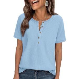 image:imagePRETTYGARDEN Waffle Knit Tops for Women Short Sleeve Henley Shirts 2026 Summer Blouses Dressy Casual Spring Fashion ClothesLight Blue