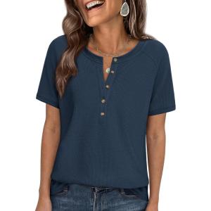 image:imagePRETTYGARDEN Waffle Knit Tops for Women Short Sleeve Henley Shirts 2026 Summer Blouses Dressy Casual Spring Fashion ClothesNavy Blue