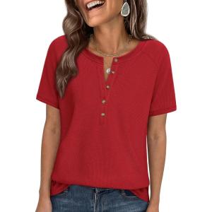 image:imagePRETTYGARDEN Waffle Knit Tops for Women Short Sleeve Henley Shirts 2026 Summer Blouses Dressy Casual Spring Fashion ClothesRed