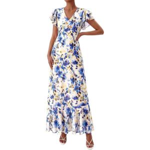 image:imagePRETTYGARDEN Wedding Guest Dresses for Women 2026 Spring Summer Short Sleeve Ruffle V Neck Floral Flowy Beach Maxi Long DressFloral Beige Blue