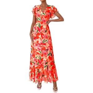 image:imagePRETTYGARDEN Wedding Guest Dresses for Women 2026 Spring Summer Short Sleeve Ruffle V Neck Floral Flowy Beach Maxi Long DressPrint Orange