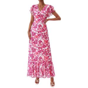 image:imagePRETTYGARDEN Wedding Guest Dresses for Women 2026 Spring Summer Short Sleeve Ruffle V Neck Floral Flowy Beach Maxi Long DressRose Red Floral