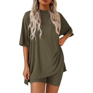 image:imagePRETTYGARDEN Women 2 Piece Lounge Set 2026 Summer Casual Oversized Shirts Biker Shorts Matching Airport Travel Outfit ClothesArmy Green