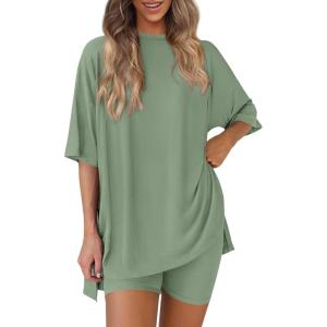 image:imagePRETTYGARDEN Women 2 Piece Lounge Set 2026 Summer Casual Oversized Shirts Biker Shorts Matching Airport Travel Outfit ClothesBean Green