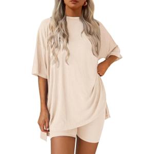 image:imagePRETTYGARDEN Women 2 Piece Lounge Set 2026 Summer Casual Oversized Shirts Biker Shorts Matching Airport Travel Outfit ClothesBeige