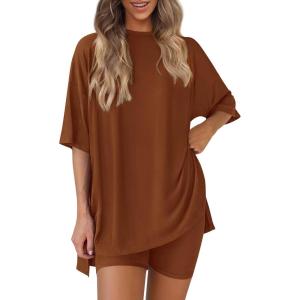 image:imagePRETTYGARDEN Women 2 Piece Lounge Set 2026 Summer Casual Oversized Shirts Biker Shorts Matching Airport Travel Outfit ClothesBrown