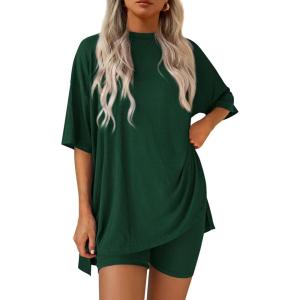 image:imagePRETTYGARDEN Women 2 Piece Lounge Set 2026 Summer Casual Oversized Shirts Biker Shorts Matching Airport Travel Outfit ClothesDark Green