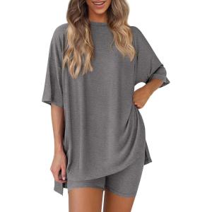 image:imagePRETTYGARDEN Women 2 Piece Lounge Set 2026 Summer Casual Oversized Shirts Biker Shorts Matching Airport Travel Outfit ClothesDark Grey