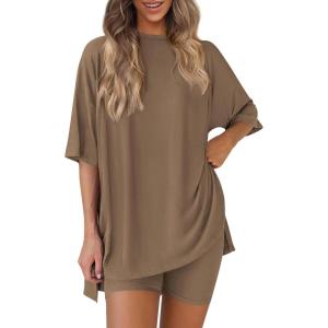 image:imagePRETTYGARDEN Women 2 Piece Lounge Set 2026 Summer Casual Oversized Shirts Biker Shorts Matching Airport Travel Outfit ClothesDark Khaki
