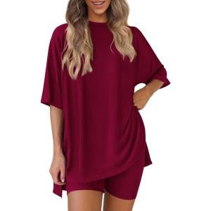 image:imagePRETTYGARDEN Women 2 Piece Lounge Set 2026 Summer Casual Oversized Shirts Biker Shorts Matching Airport Travel Outfit ClothesDeep Red