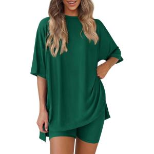image:imagePRETTYGARDEN Women 2 Piece Lounge Set 2026 Summer Casual Oversized Shirts Biker Shorts Matching Airport Travel Outfit ClothesGreen