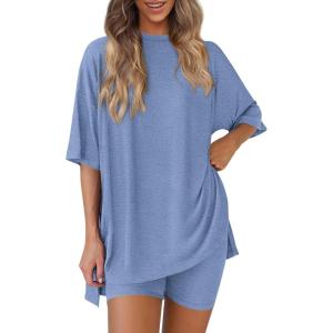 image:imagePRETTYGARDEN Women 2 Piece Lounge Set 2026 Summer Casual Oversized Shirts Biker Shorts Matching Airport Travel Outfit ClothesGrey Blue