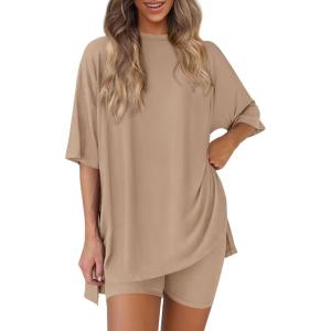 image:imagePRETTYGARDEN Women 2 Piece Lounge Set 2026 Summer Casual Oversized Shirts Biker Shorts Matching Airport Travel Outfit ClothesKhaki