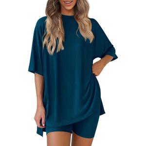 image:imagePRETTYGARDEN Women 2 Piece Lounge Set 2026 Summer Casual Oversized Shirts Biker Shorts Matching Airport Travel Outfit ClothesLake Blue
