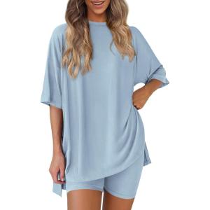 image:imagePRETTYGARDEN Women 2 Piece Lounge Set 2026 Summer Casual Oversized Shirts Biker Shorts Matching Airport Travel Outfit ClothesLight Blue