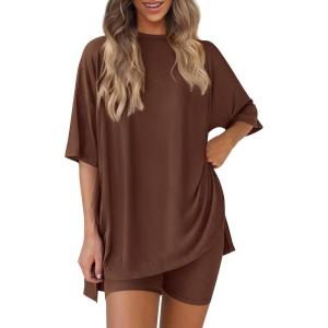 image:imagePRETTYGARDEN Women 2 Piece Lounge Set 2026 Summer Casual Oversized Shirts Biker Shorts Matching Airport Travel Outfit ClothesLight Coffee