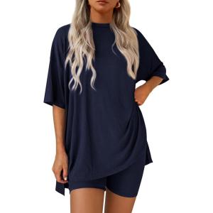 image:imagePRETTYGARDEN Women 2 Piece Lounge Set 2026 Summer Casual Oversized Shirts Biker Shorts Matching Airport Travel Outfit ClothesNavy