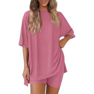 image:imagePRETTYGARDEN Women 2 Piece Lounge Set 2026 Summer Casual Oversized Shirts Biker Shorts Matching Airport Travel Outfit ClothesPink