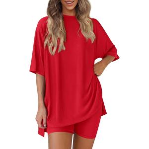 image:imagePRETTYGARDEN Women 2 Piece Lounge Set 2026 Summer Casual Oversized Shirts Biker Shorts Matching Airport Travel Outfit ClothesRed