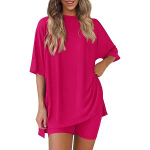 image:imagePRETTYGARDEN Women 2 Piece Lounge Set 2026 Summer Casual Oversized Shirts Biker Shorts Matching Airport Travel Outfit ClothesRose Red