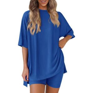 image:imagePRETTYGARDEN Women 2 Piece Lounge Set 2026 Summer Casual Oversized Shirts Biker Shorts Matching Airport Travel Outfit ClothesRoyal Blue