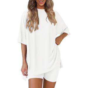 image:imagePRETTYGARDEN Women 2 Piece Lounge Set 2026 Summer Casual Oversized Shirts Biker Shorts Matching Airport Travel Outfit ClothesWhite