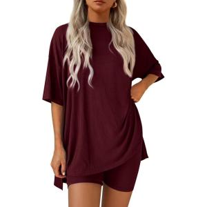 image:imagePRETTYGARDEN Women 2 Piece Lounge Set 2026 Summer Casual Oversized Shirts Biker Shorts Matching Airport Travel Outfit ClothesWine Red