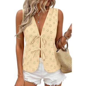 image:imagePRETTYGARDEN Women 2026 Summer Tie Front Eyelet Tank Tops Trendy Floral Vest Sleeveless V Neck Dressy Blouse Vacation OutfitsBeige Yellow