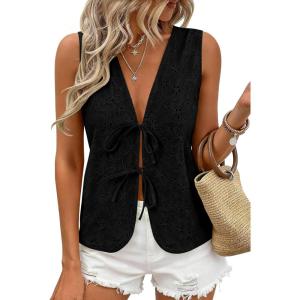image:imagePRETTYGARDEN Women 2026 Summer Tie Front Eyelet Tank Tops Trendy Floral Vest Sleeveless V Neck Dressy Blouse Vacation OutfitsBlack