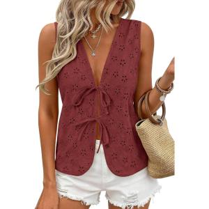 image:imagePRETTYGARDEN Women 2026 Summer Tie Front Eyelet Tank Tops Trendy Floral Vest Sleeveless V Neck Dressy Blouse Vacation OutfitsBrown Red