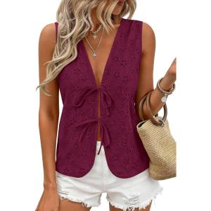 image:imagePRETTYGARDEN Women 2026 Summer Tie Front Eyelet Tank Tops Trendy Floral Vest Sleeveless V Neck Dressy Blouse Vacation OutfitsBurgundy