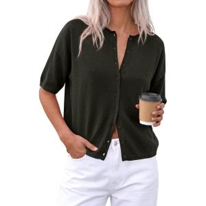 image:imagePRETTYGARDEN Women Spring Short Sleeve Cardigan Sweaters Button Down Knit Shirt Blouse Dressy Casual Tops 2026 Summer OutfitsArmy Green